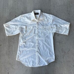 ROEBUCKS 1970s Mens Medium Western Pearl Snap Shirt White Long Sleeve Button Up